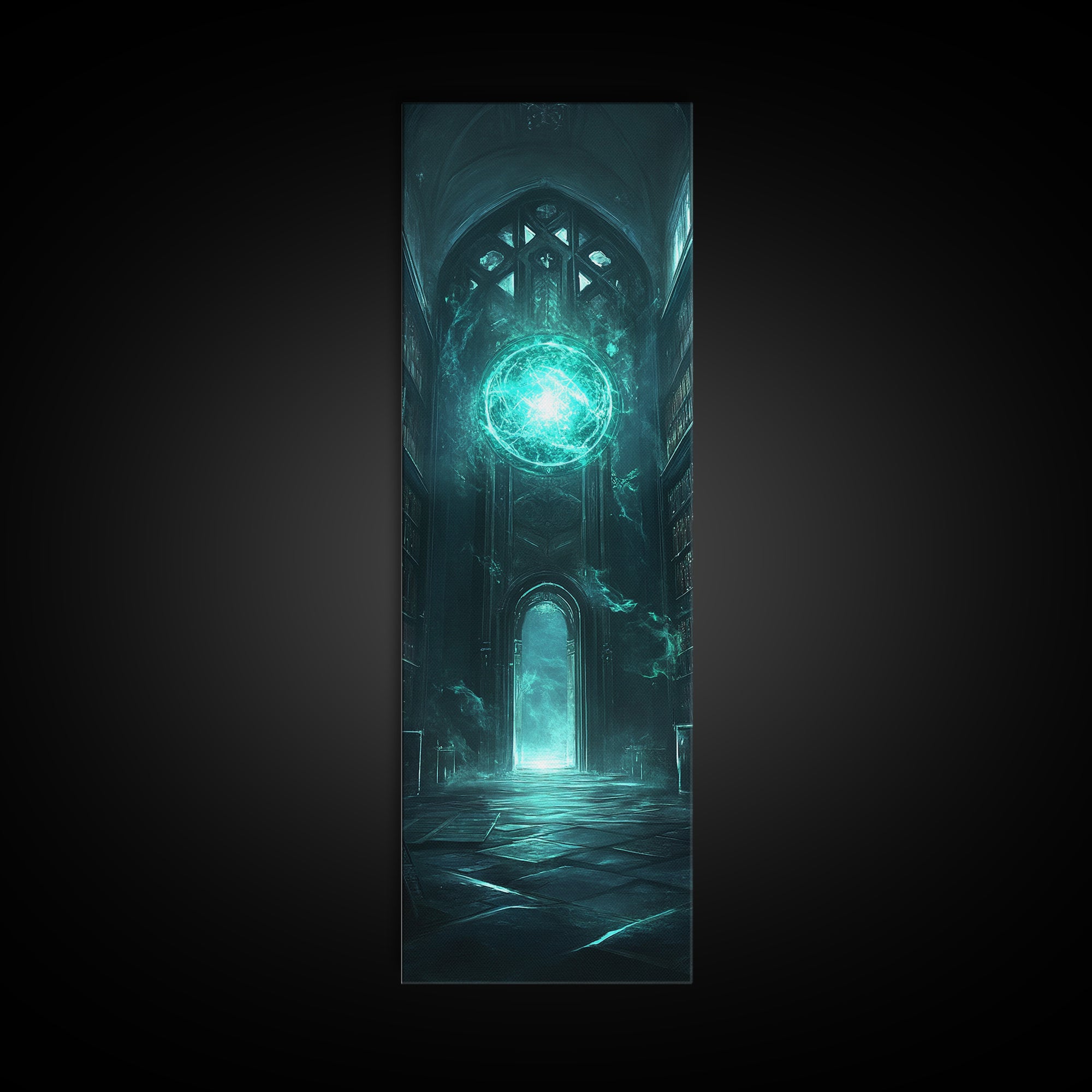 Teal Magic Orb In Gothic Cathedral Wall Art, Dark Fantasy Canvas Print, Dark Academia Decor, Mystical Library Artwork Gift