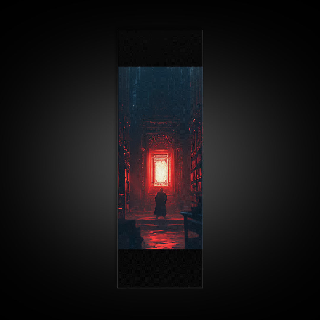 Red Glowing Door In Dark Library Wall Art, Gothic Framed Canvas Print, Dark Academia Decor, Moody Fantasy Artwork Gift For Him