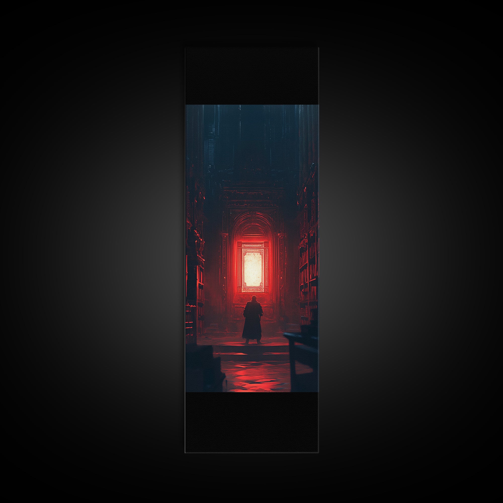 Red Glowing Door In Dark Library Wall Art, Gothic Framed Canvas Print, Dark Academia Decor, Moody Fantasy Artwork Gift For Him