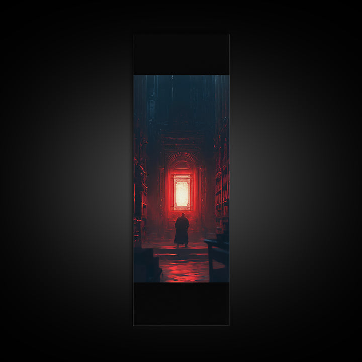 Red Glowing Door In Dark Library Wall Art, Gothic Framed Canvas Print, Dark Academia Decor, Moody Fantasy Artwork Gift For Him