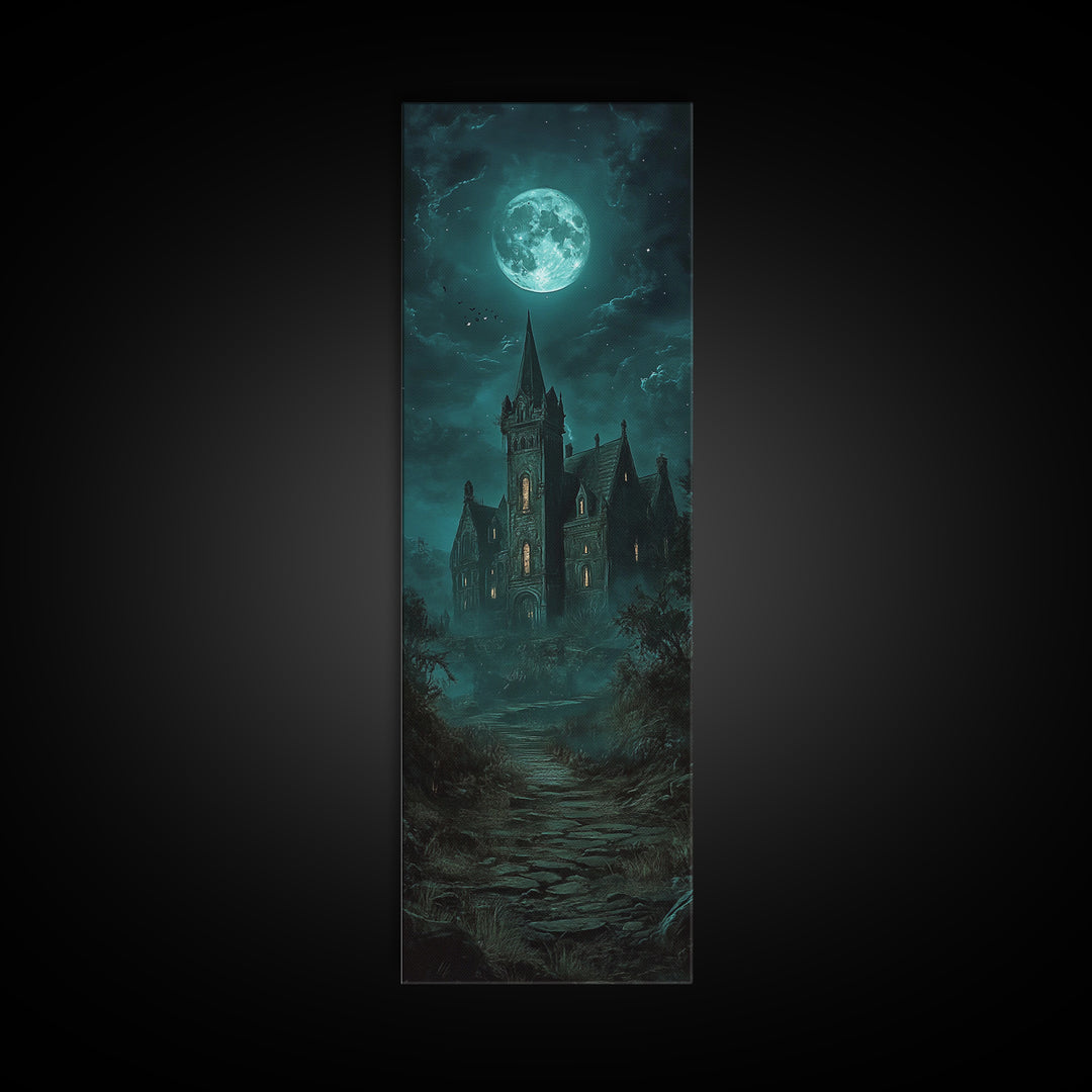 Moonlit Gothic Castle On Misty Path Wall Art, Dark Academia Canvas Print, Haunted House Decor, Moody Fantasy Gothic Wall Decor Gift