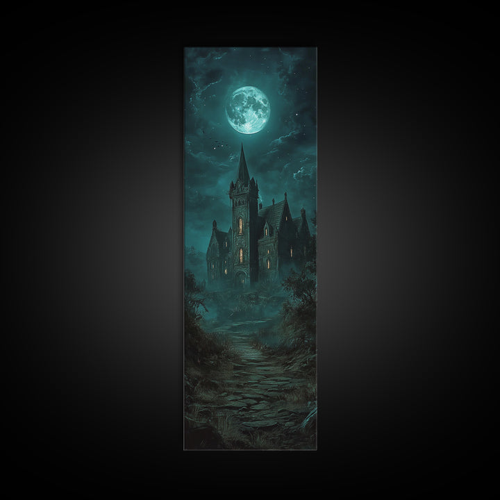Moonlit Gothic Castle On Misty Path Wall Art, Dark Academia Canvas Print, Haunted House Decor, Moody Fantasy Gothic Wall Decor Gift