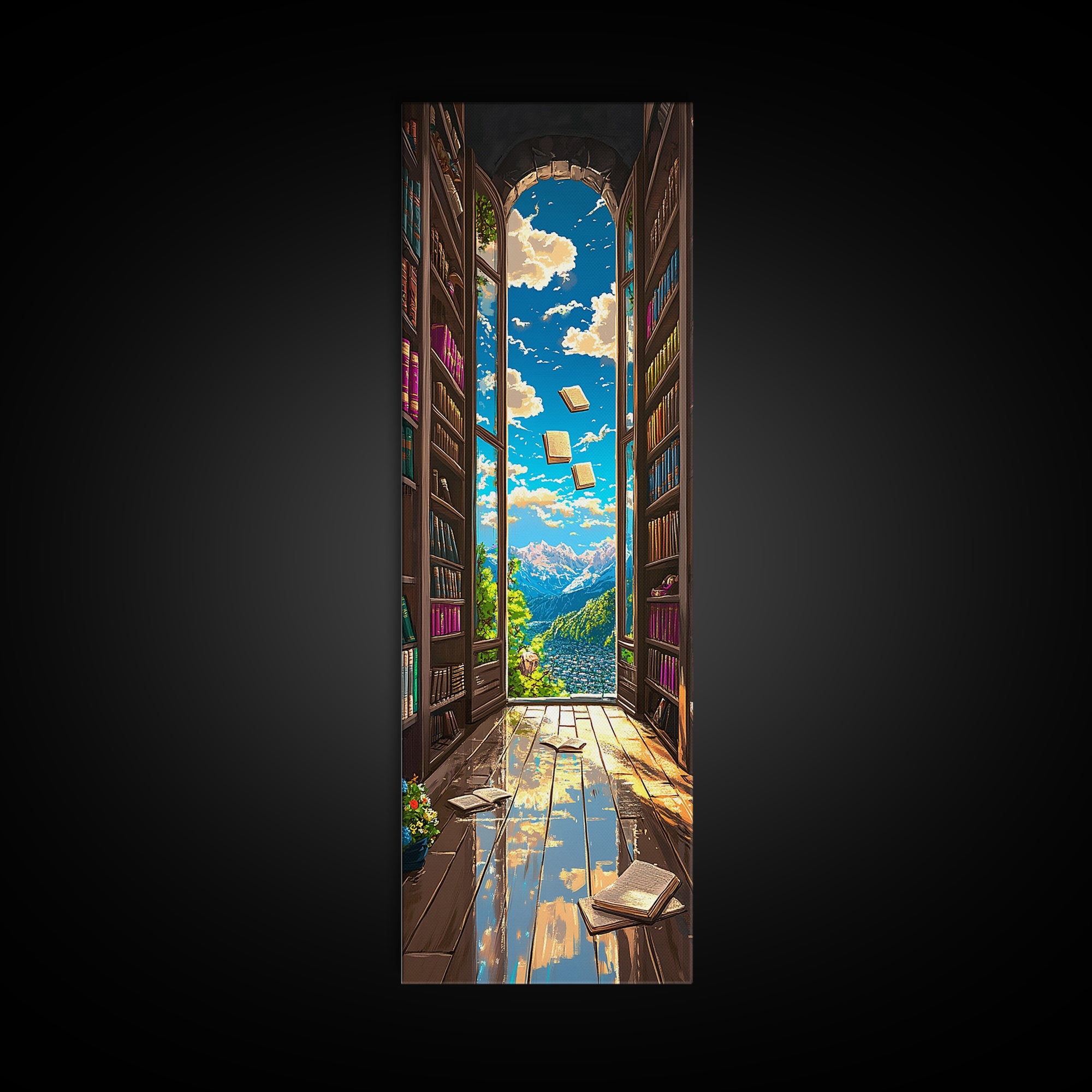 Magical Library Doorway With Floating Books Wall Art, Mountain View Canvas Print, Book Lover Decor, Reading Nook Home Office Gift