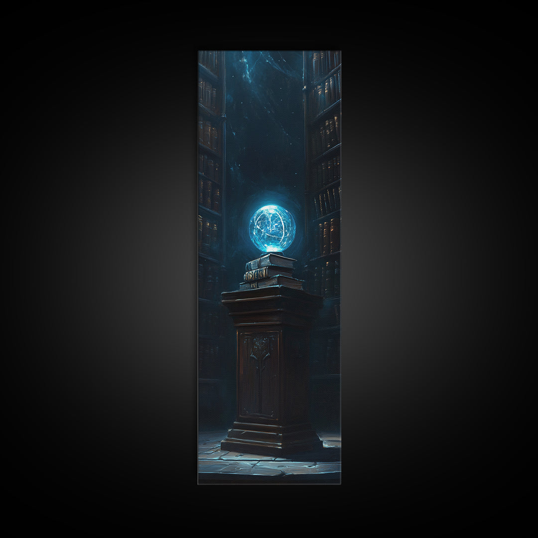 Glowing Blue Orb In Dark Library Framed Canvas Print, Fantasy Wall Decor, Mystical Bookish Art For Dark Academia Reading Nook Decor