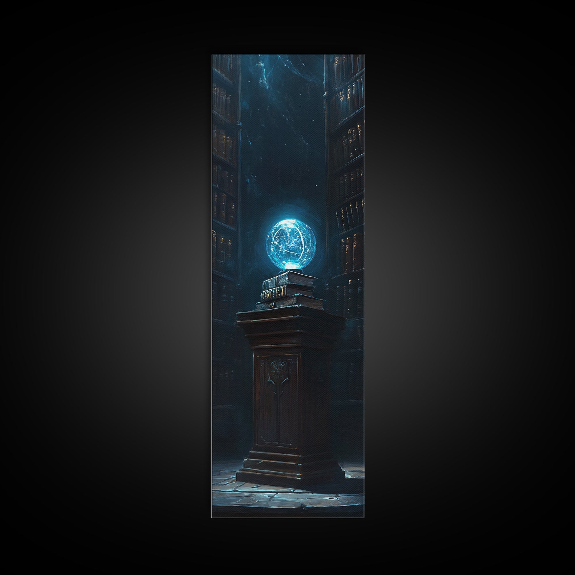 Glowing Blue Orb In Dark Library Framed Canvas Print, Fantasy Wall Decor, Mystical Bookish Art For Dark Academia Reading Nook Decor