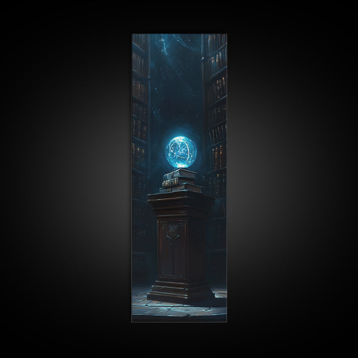 Glowing Blue Orb In Dark Library Framed Canvas Print, Fantasy Wall Decor, Mystical Bookish Art For Dark Academia Reading Nook Decor