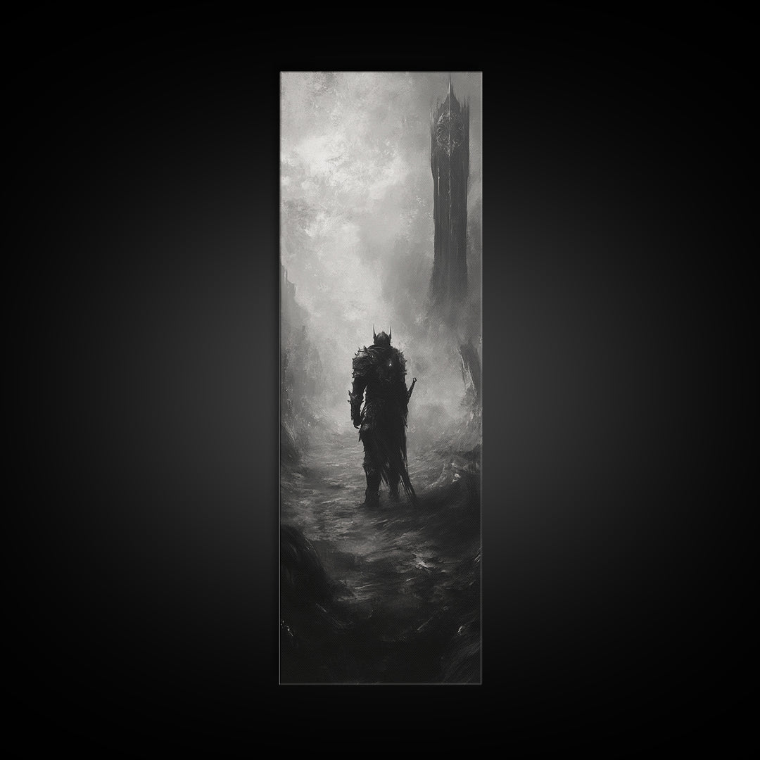 Lone Warrior Before Dark Tower Wall Art, Black And White Fantasy Print, Gothic Dark Art For Game Room Decor, Moody Statement Artwork