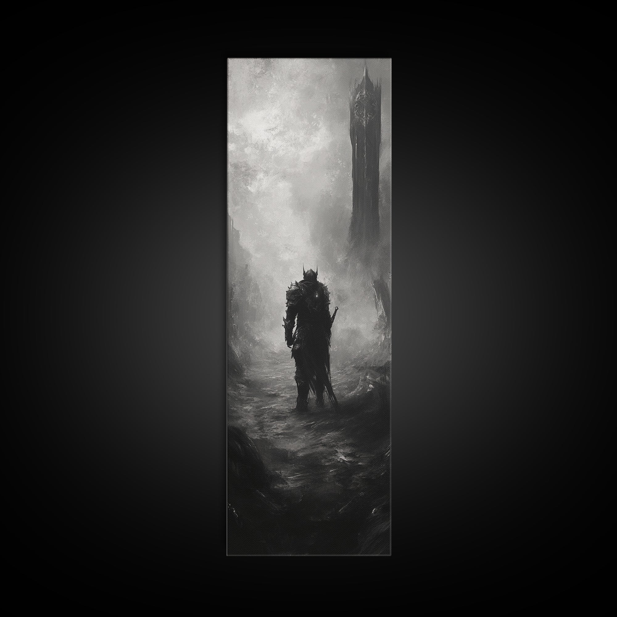 Lone Warrior Before Dark Tower Wall Art, Black And White Fantasy Print, Gothic Dark Art For Game Room Decor, Moody Statement Artwork