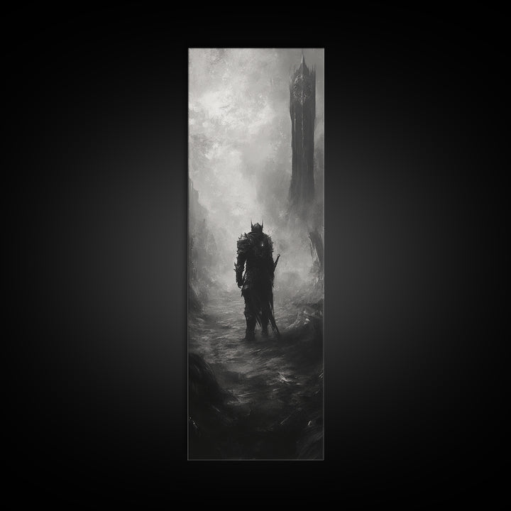 Lone Warrior Before Dark Tower Wall Art, Black And White Fantasy Print, Gothic Dark Art For Game Room Decor, Moody Statement Artwork