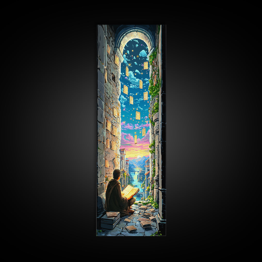 Scholar Reading Under Stone Arch Canvas Print, Floating Pages Fantasy Wall Decor, Magical Library Art For Book Lovers Gift