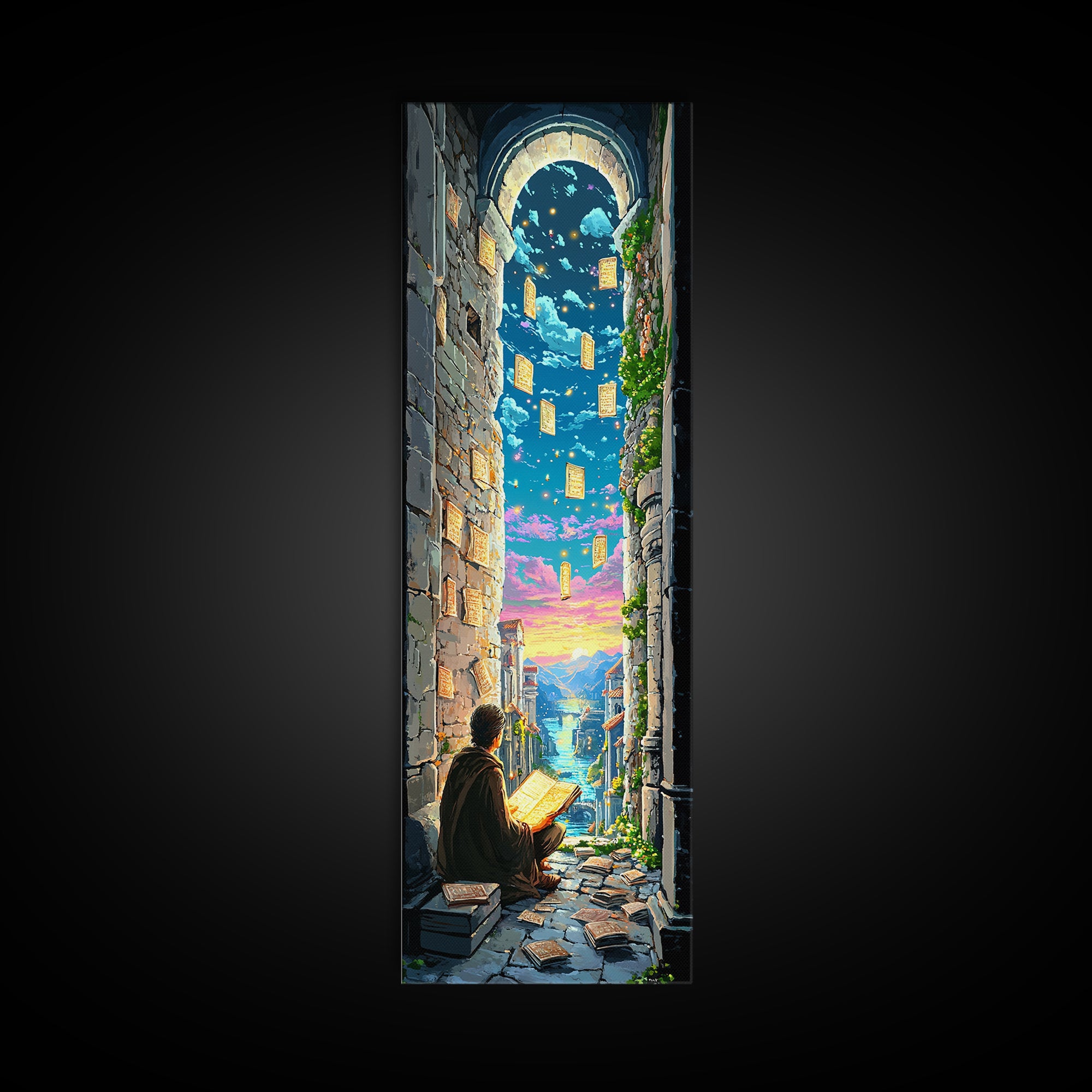 Scholar Reading Under Stone Arch Canvas Print, Floating Pages Fantasy Wall Decor, Magical Library Art For Book Lovers Gift