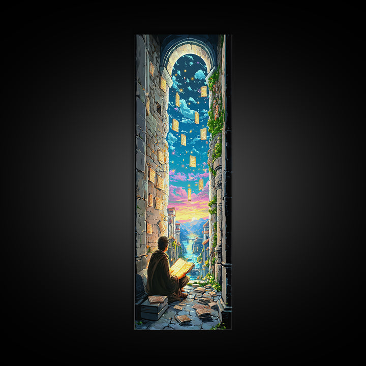 Scholar Reading Under Stone Arch Canvas Print, Floating Pages Fantasy Wall Decor, Magical Library Art For Book Lovers Gift