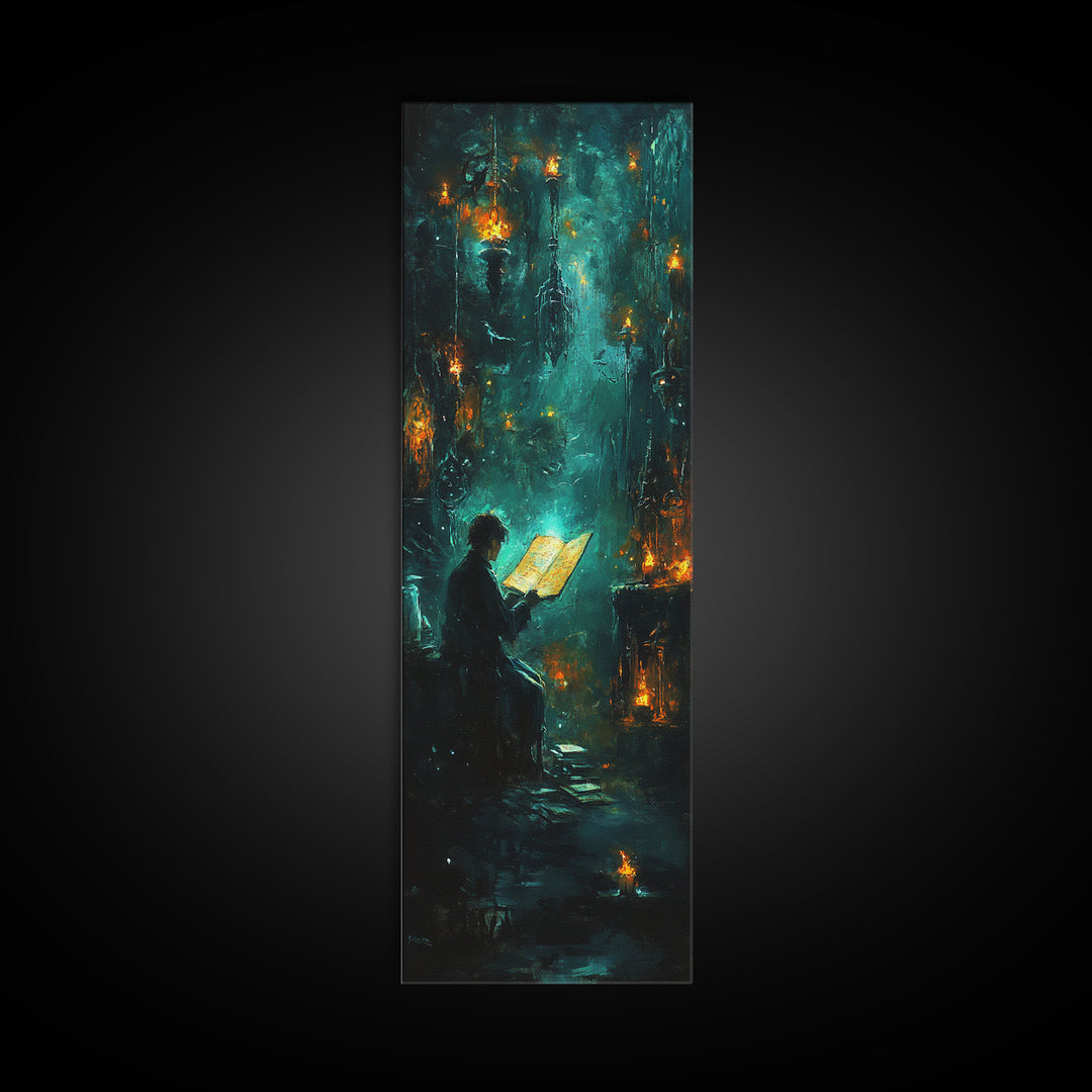 Glowing Book In Enchanted Forest Wall Art, Dark Fantasy Reading Nook Decor, Mystical Teal Library Print For Book Lovers Gift