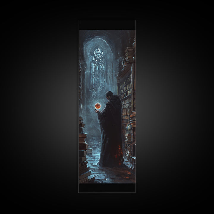 Cloaked Wizard In Gothic Library Framed Canvas Print, Dark Academia Fantasy Wall Decor, Mystical Bookish Art For Study Room Decor