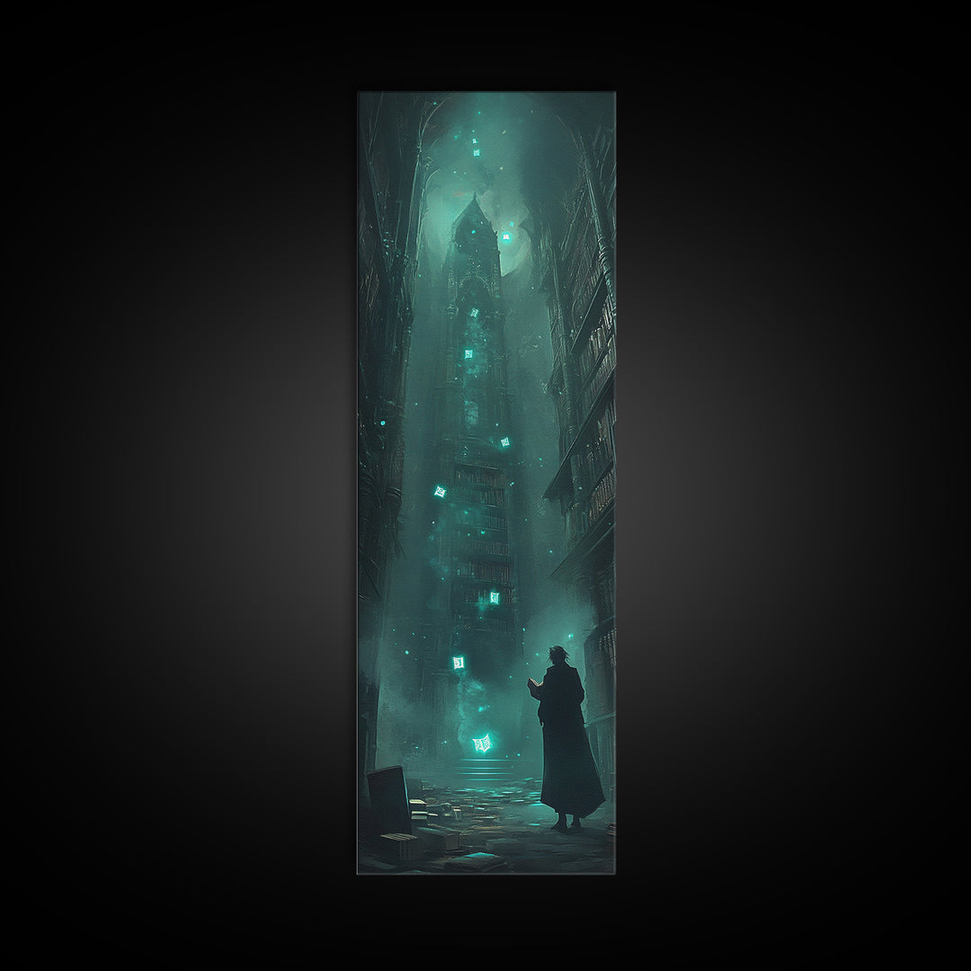 Dark Gothic Tower In Misty Alley Wall Art, Fantasy Cityscape Print, Moody Library Decor, Dark Academia Wall Decor Gift For Him