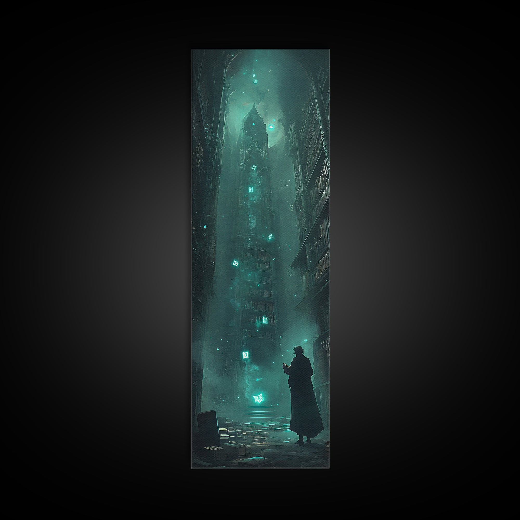 Dark Gothic Tower In Misty Alley Wall Art, Fantasy Cityscape Print, Moody Library Decor, Dark Academia Wall Decor Gift For Him