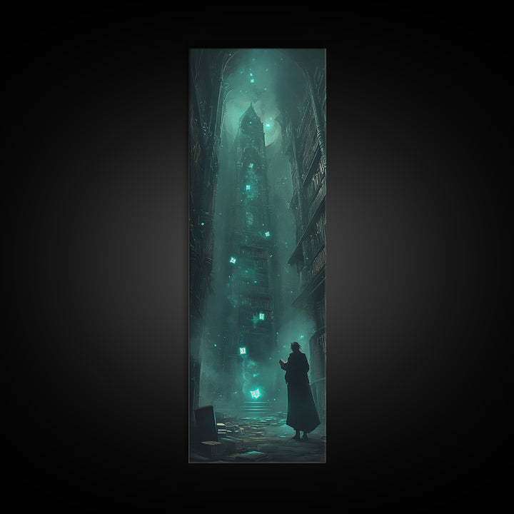 Dark Gothic Tower In Misty Alley Wall Art, Fantasy Cityscape Print, Moody Library Decor, Dark Academia Wall Decor Gift For Him