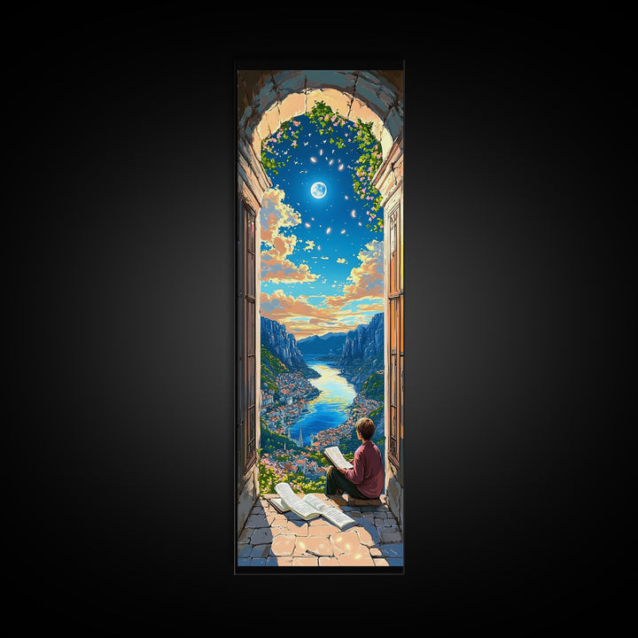 Reader In Arched Window Over Moonlit Valley Framed Canvas Print, Bookish Wall Art, Cozy Library Decor, Fantasy Art Print Gift