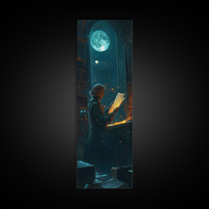 Moonlit Scholar Reading Ancient Scroll Canvas Print, Dark Academia Wall Art, Magical Library Decor, Book Lover Gift For Readers