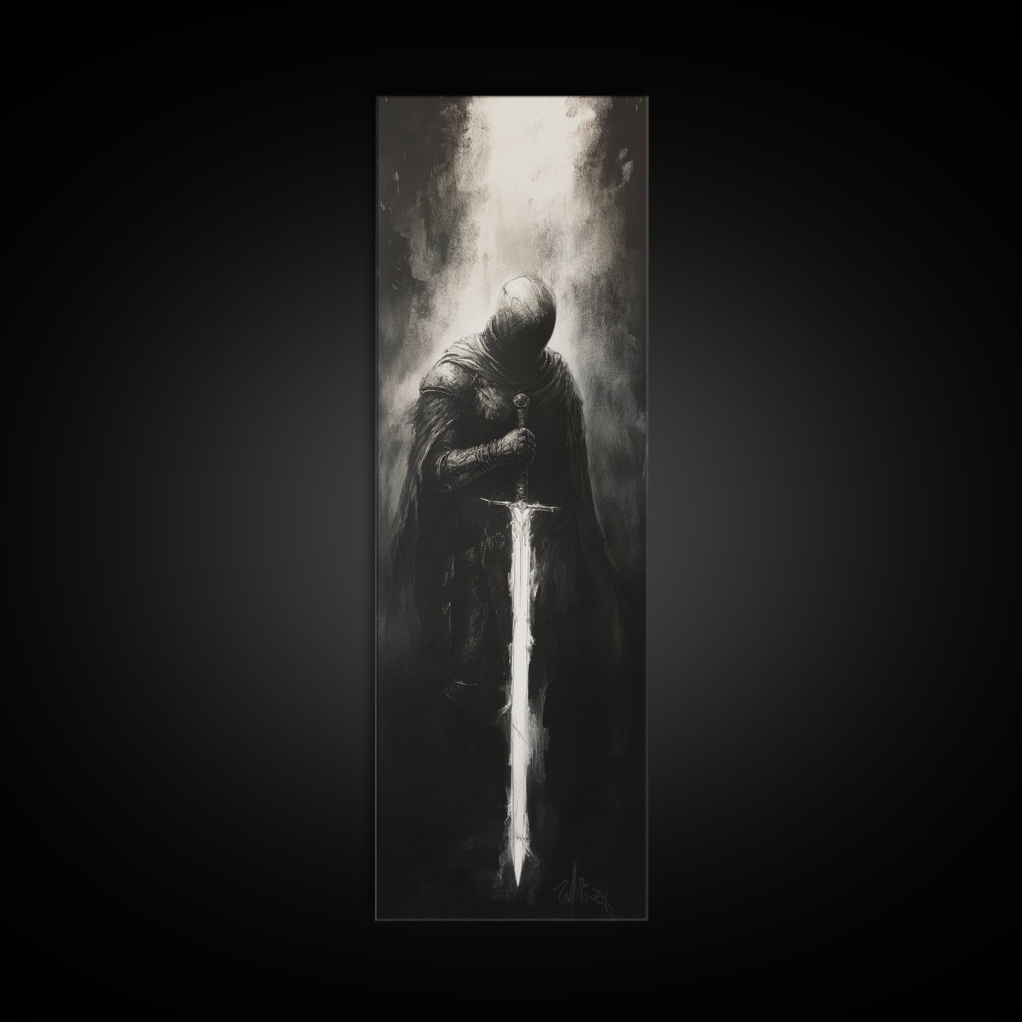 Hooded Knight With Glowing Sword Wall Art, Black And White Fantasy Print, Gothic Dark Academia Decor, Medieval Sword Art