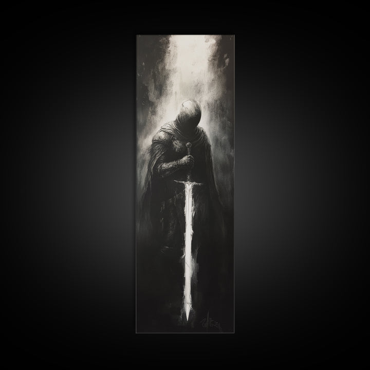 Hooded Knight With Glowing Sword Wall Art, Black And White Fantasy Print, Gothic Dark Academia Decor, Medieval Sword Art