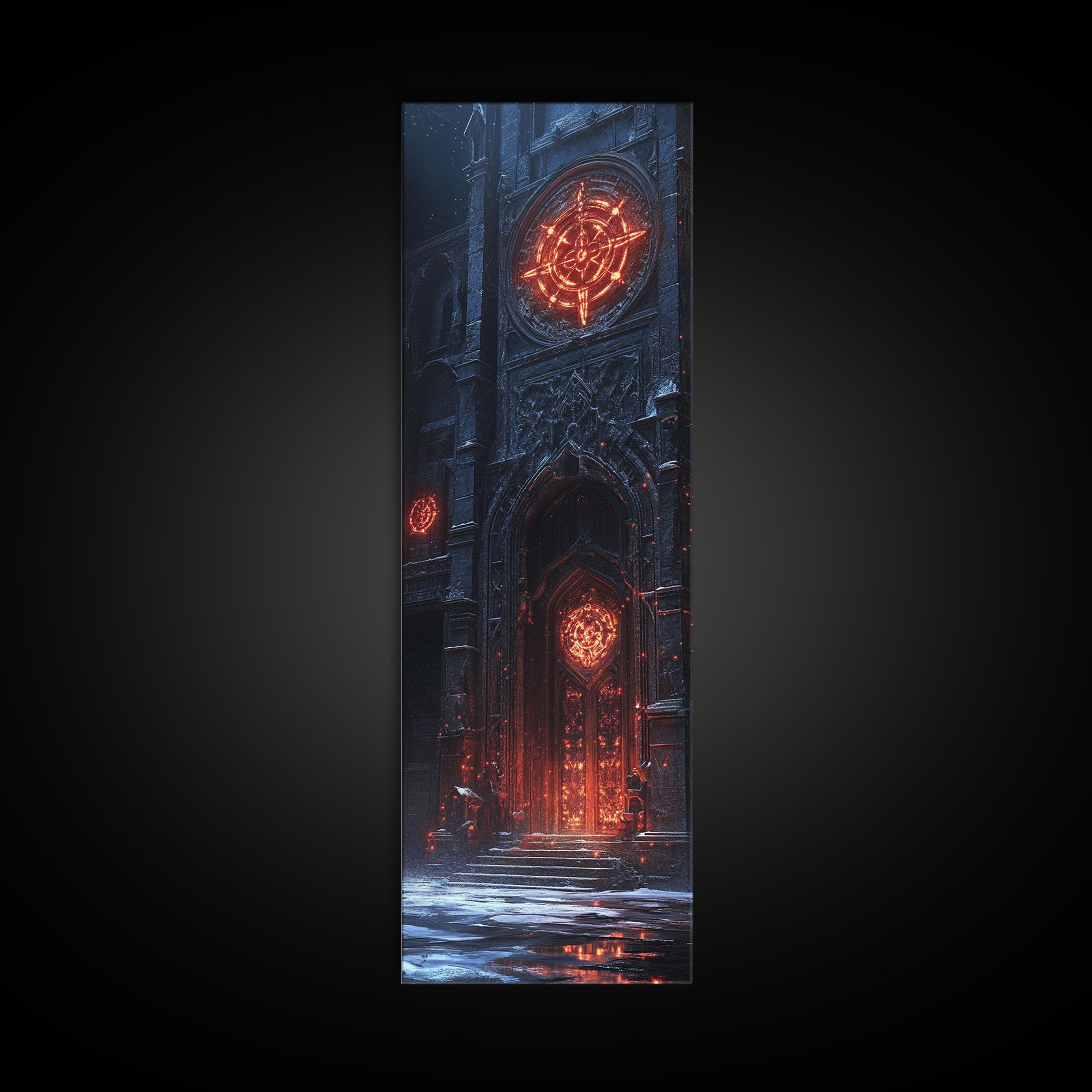 Glowing Gothic Cathedral Door Framed Canvas Print, Dark Fantasy Wall Art, Magical Architecture Decor, Occult Castle Poster