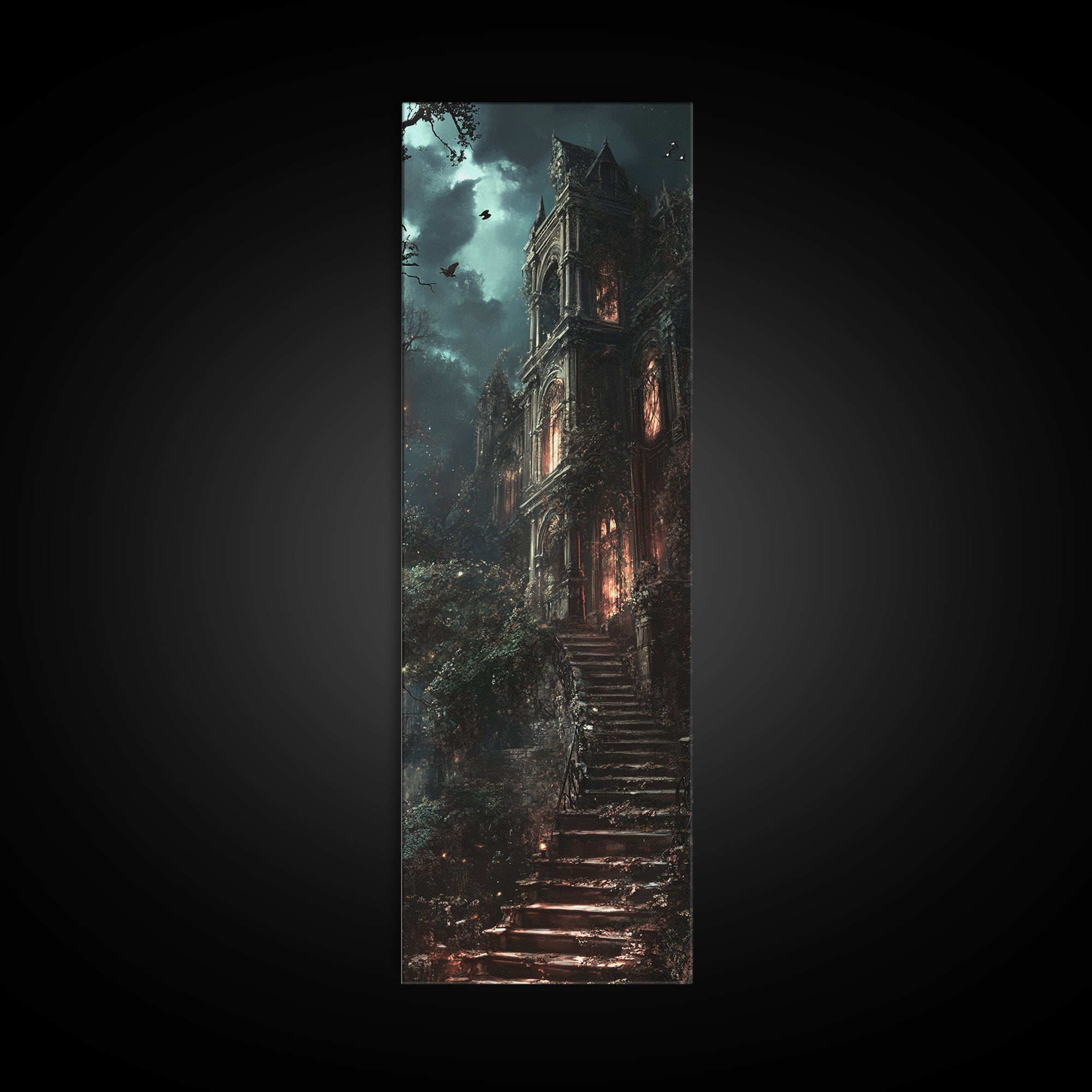 Haunted Gothic Mansion In Moonlit Forest Wall Art, Dark Academia Canvas Print, Spooky Castle Decor, Victorian Horror Gift