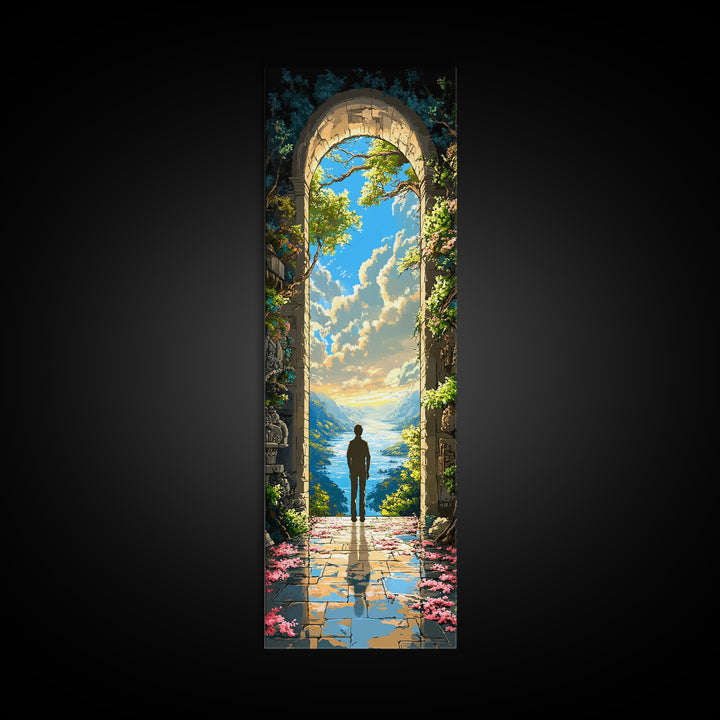 Solitary Figure In Sunlit Ocean Archway Framed Canvas Print, Coastal Fantasy Wall Art, Serene Landscape Decor Gift For Home