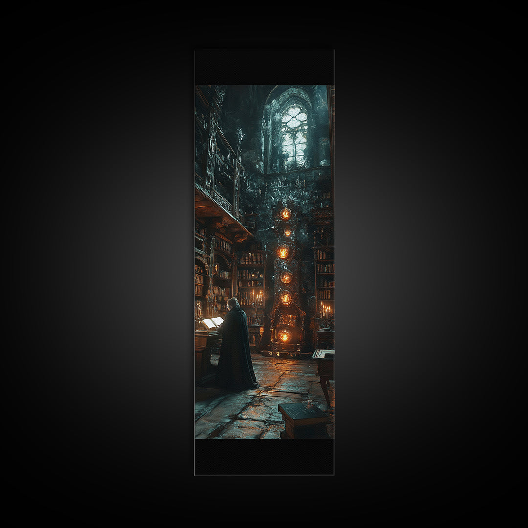Dark Academia Magical Library Framed Canvas Print, Gothic Bookish Wall Decor, Wizard Study Artwork For Moody Reading Room