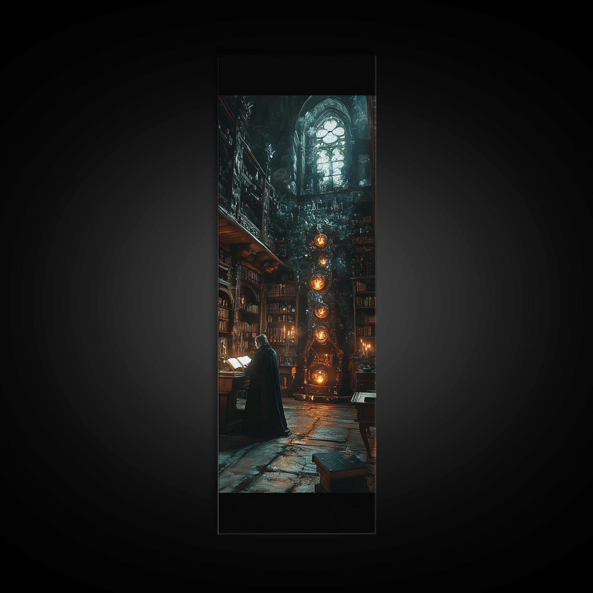 Dark Academia Magical Library Framed Canvas Print, Gothic Bookish Wall Decor, Wizard Study Artwork For Moody Reading Room