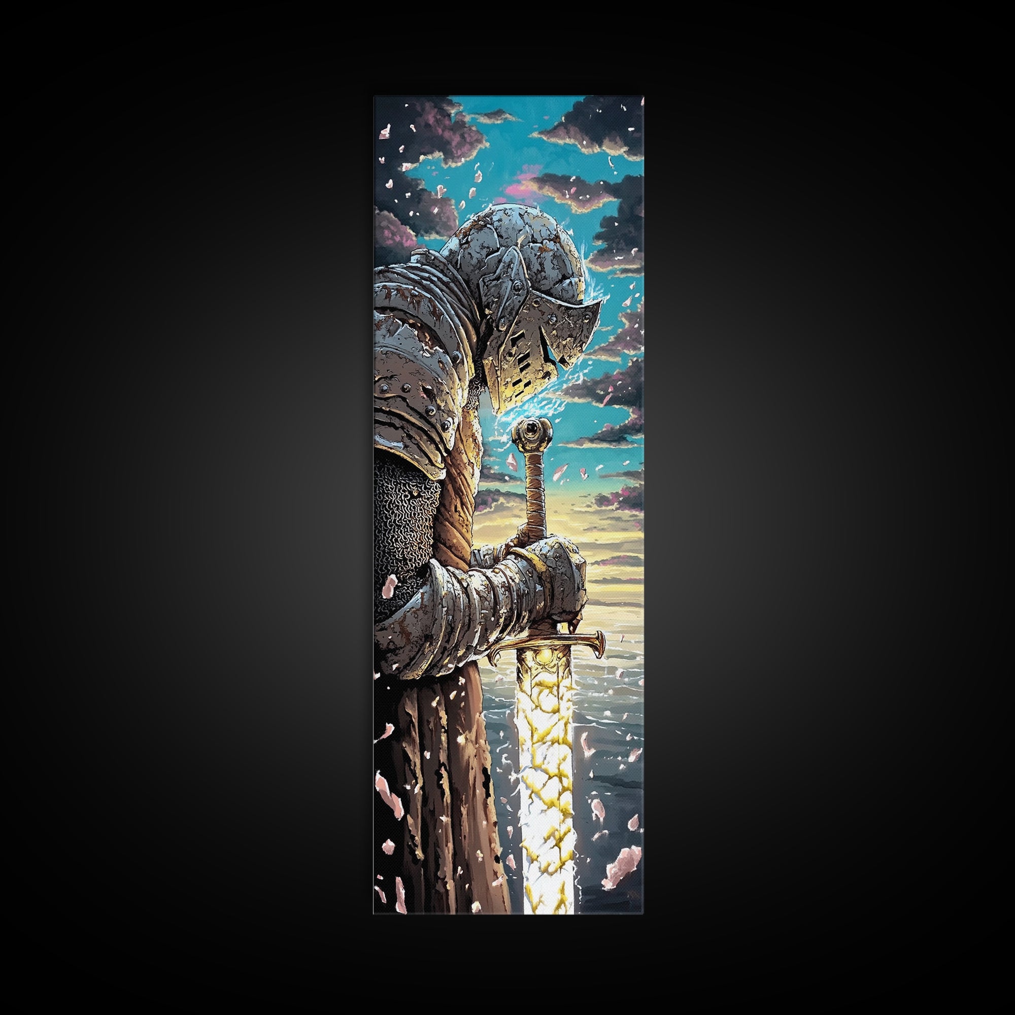 Weathered Knight With Glowing Sword Canvas Print, Medieval Fantasy Wall Art, Dark Academia Decor, Epic Warrior Artwork For Him