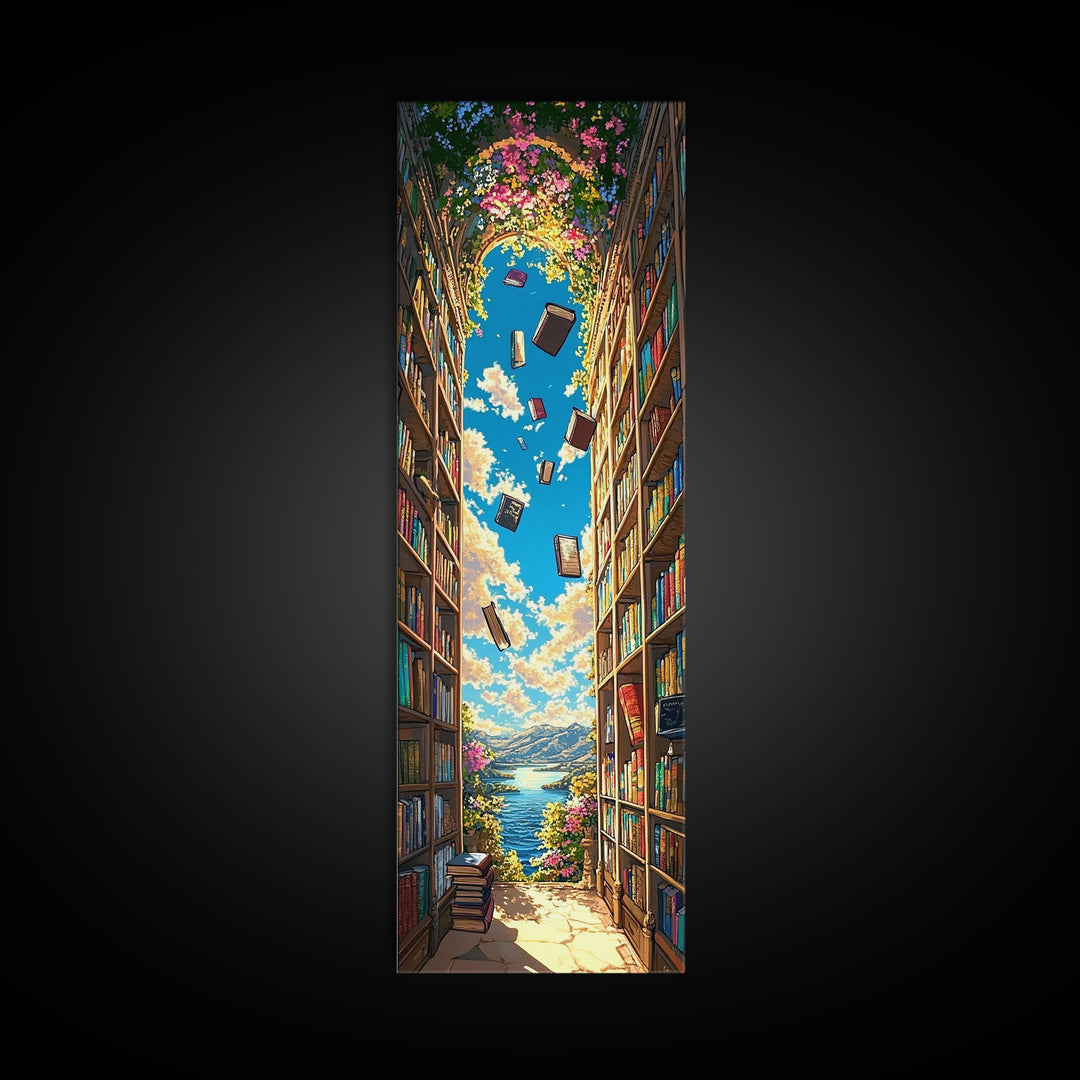 Blooming Library Arch With Floating Books Wall Art, Whimsical Book Lover Decor, Coastal Reading Nook Print, Colorful Art