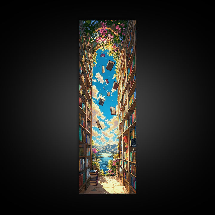Blooming Library Arch With Floating Books Wall Art, Whimsical Book Lover Decor, Coastal Reading Nook Print, Colorful Art