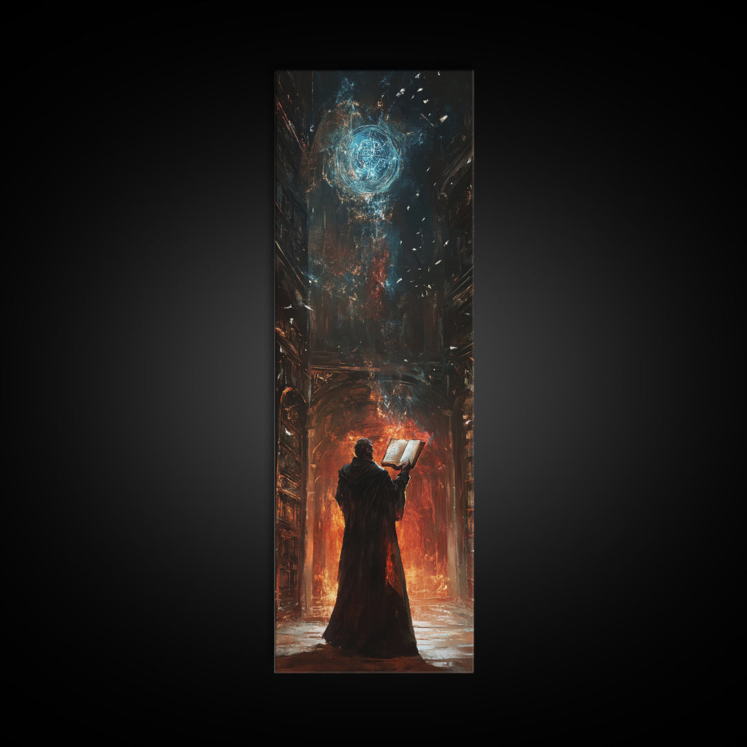 Wizard Reading Spellbook Under Celestial Orb Canvas Print, Dark Academia Fantasy Wall Art, Gothic Library Decor For Book Lovers