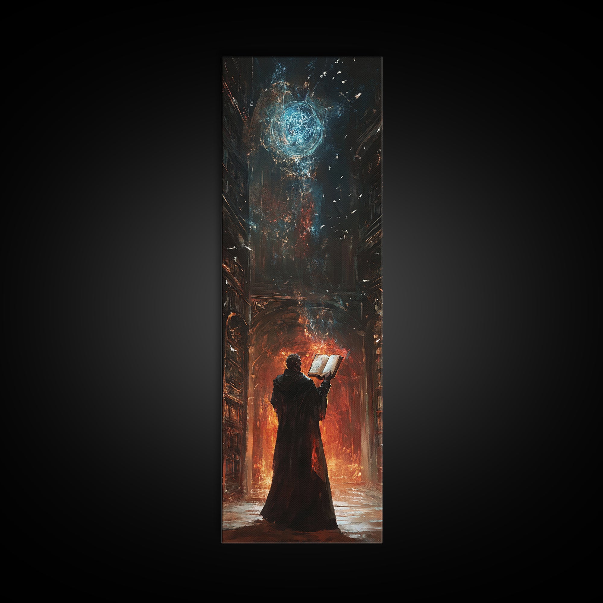 Wizard Reading Spellbook Under Celestial Orb Canvas Print, Dark Academia Fantasy Wall Art, Gothic Library Decor For Book Lovers
