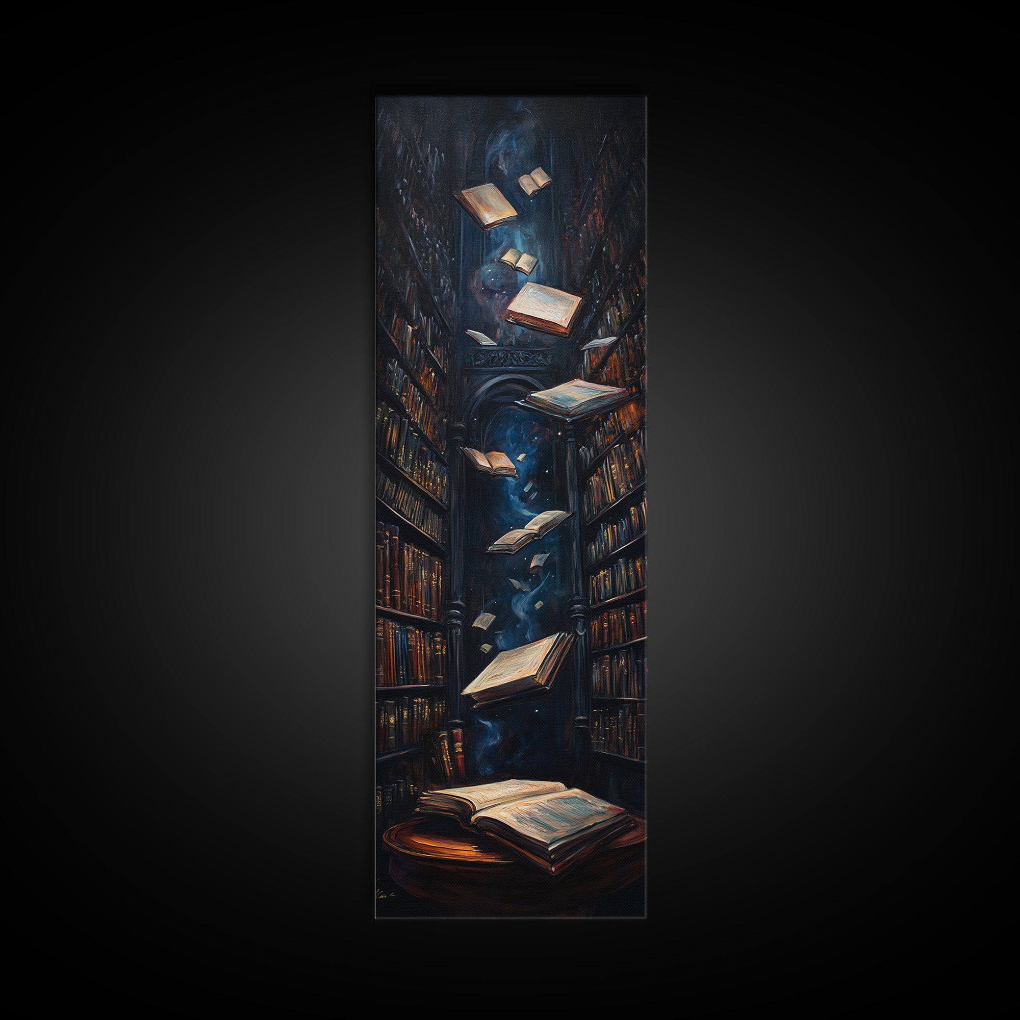 Dark Enchanted Library With Floating Books Wall Art, Gothic Bookish Decor, Dark Academia Print, Fantasy Reading Nook Gift