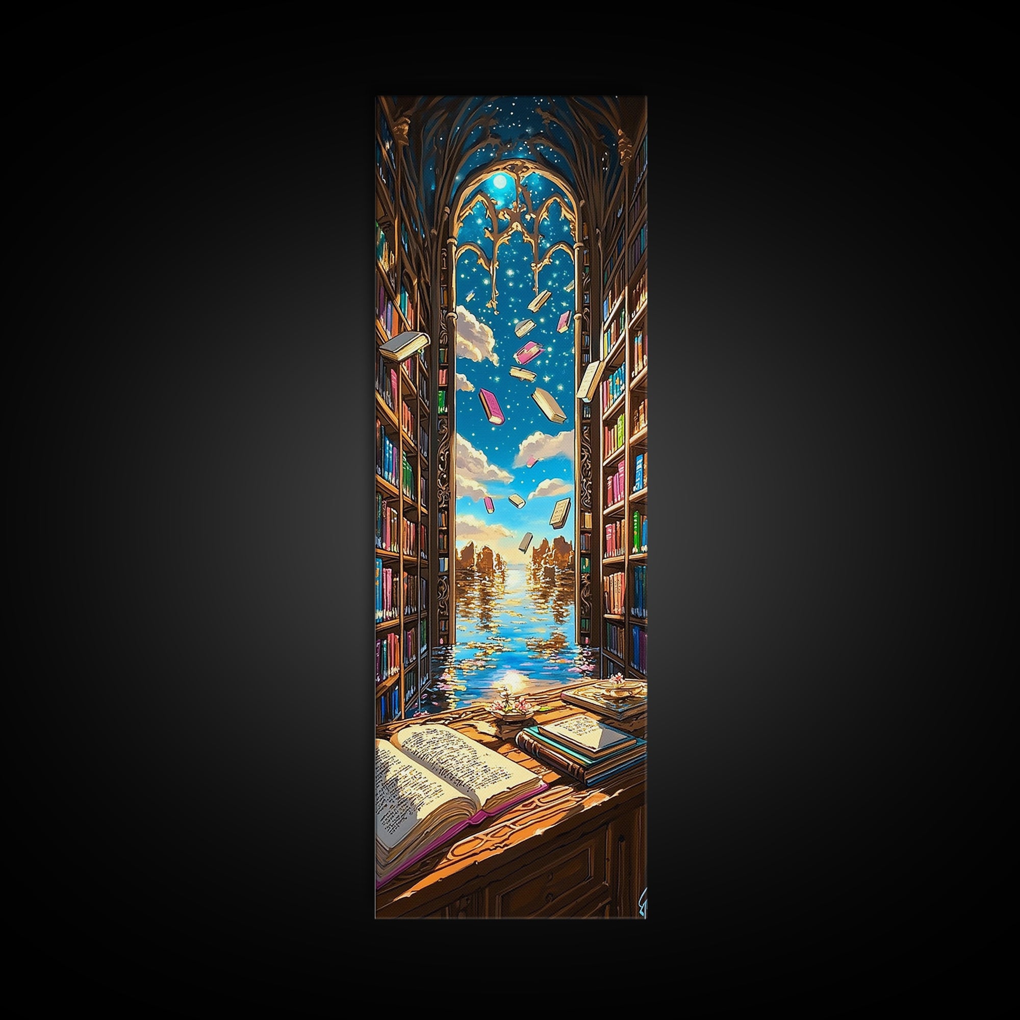 Sunlit Gothic Library Window Over Ocean Canvas Print, Bookish Wall Decor, Coastal Fantasy Art, Reading Nook Home Decor Gift