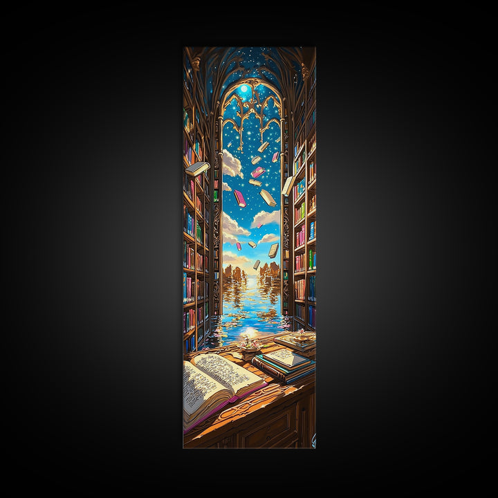 Sunlit Gothic Library Window Over Ocean Canvas Print, Bookish Wall Decor, Coastal Fantasy Art, Reading Nook Home Decor Gift