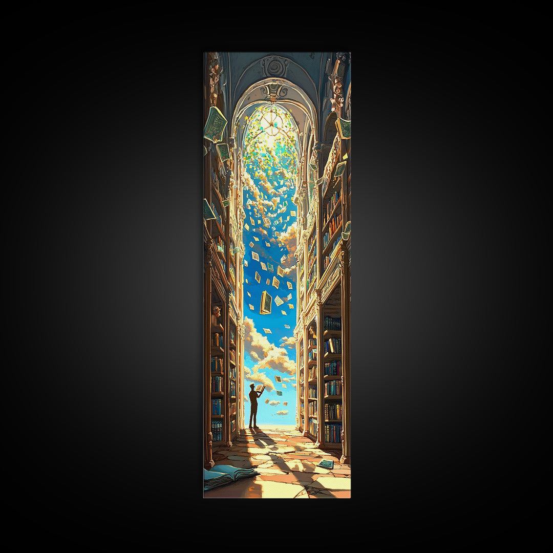 Golden Sky Library Arch With Falling Books Framed Canvas Print, Fantasy Bookish Wall Decor, Dark Academia Reading Gift Decor