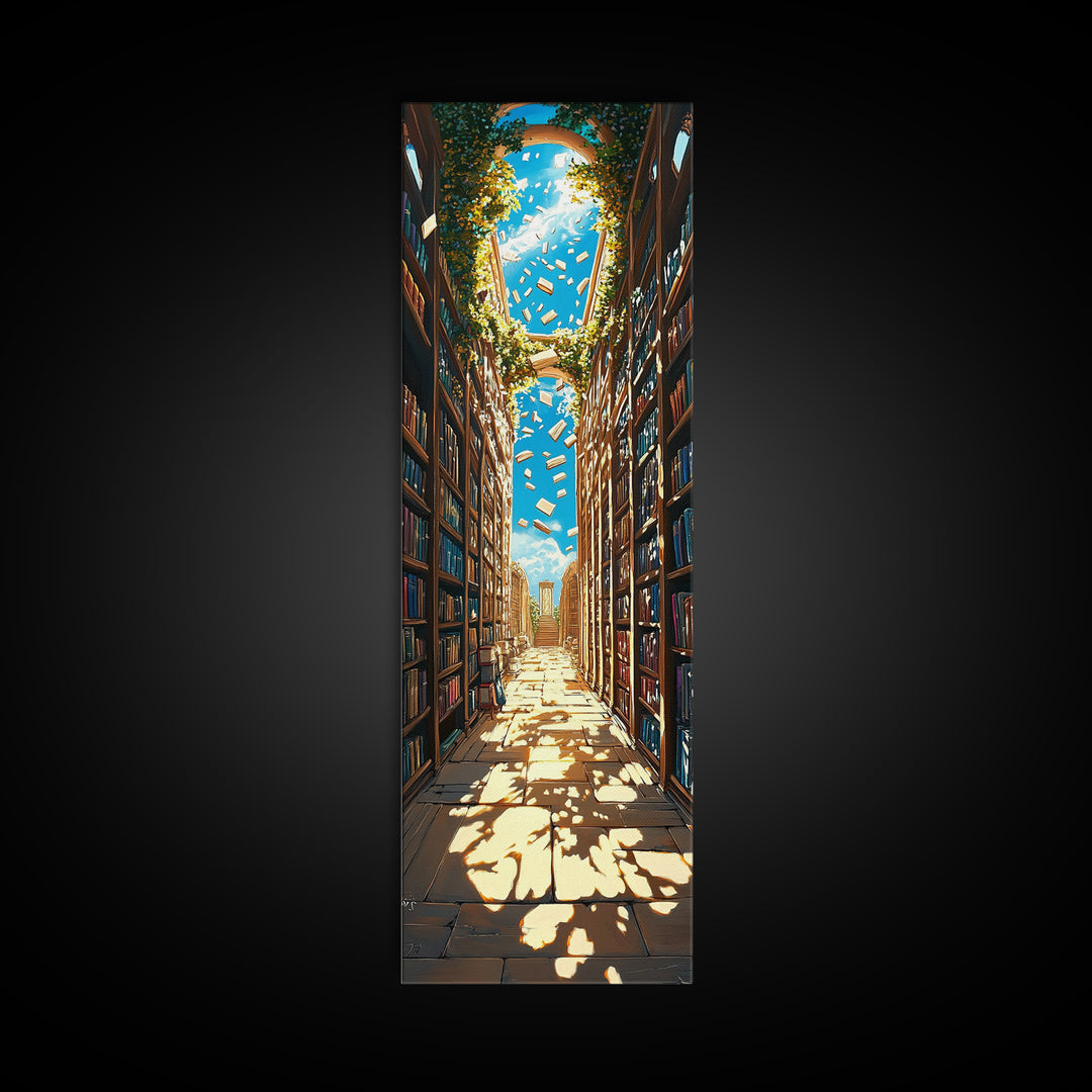 Sunlit Ivy Library Aisle With Floating Books Canvas Print, Bookish Wall Decor, Cozy Reading Nook, Fantasy Home Decor Gift