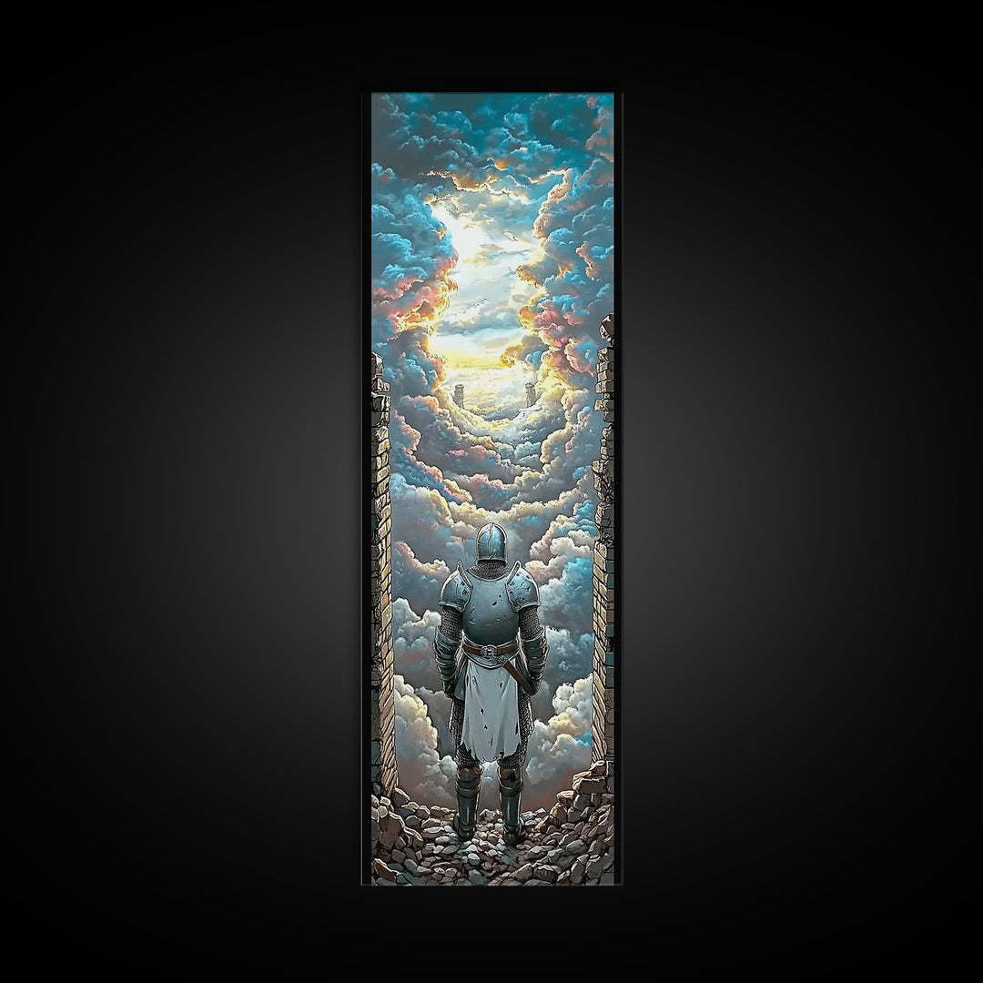 Armored Knight Before Radiant Cloud Portal Wall Art, Fantasy Castle Decor, Medieval Artwork, Inspirational Home Decor Gift