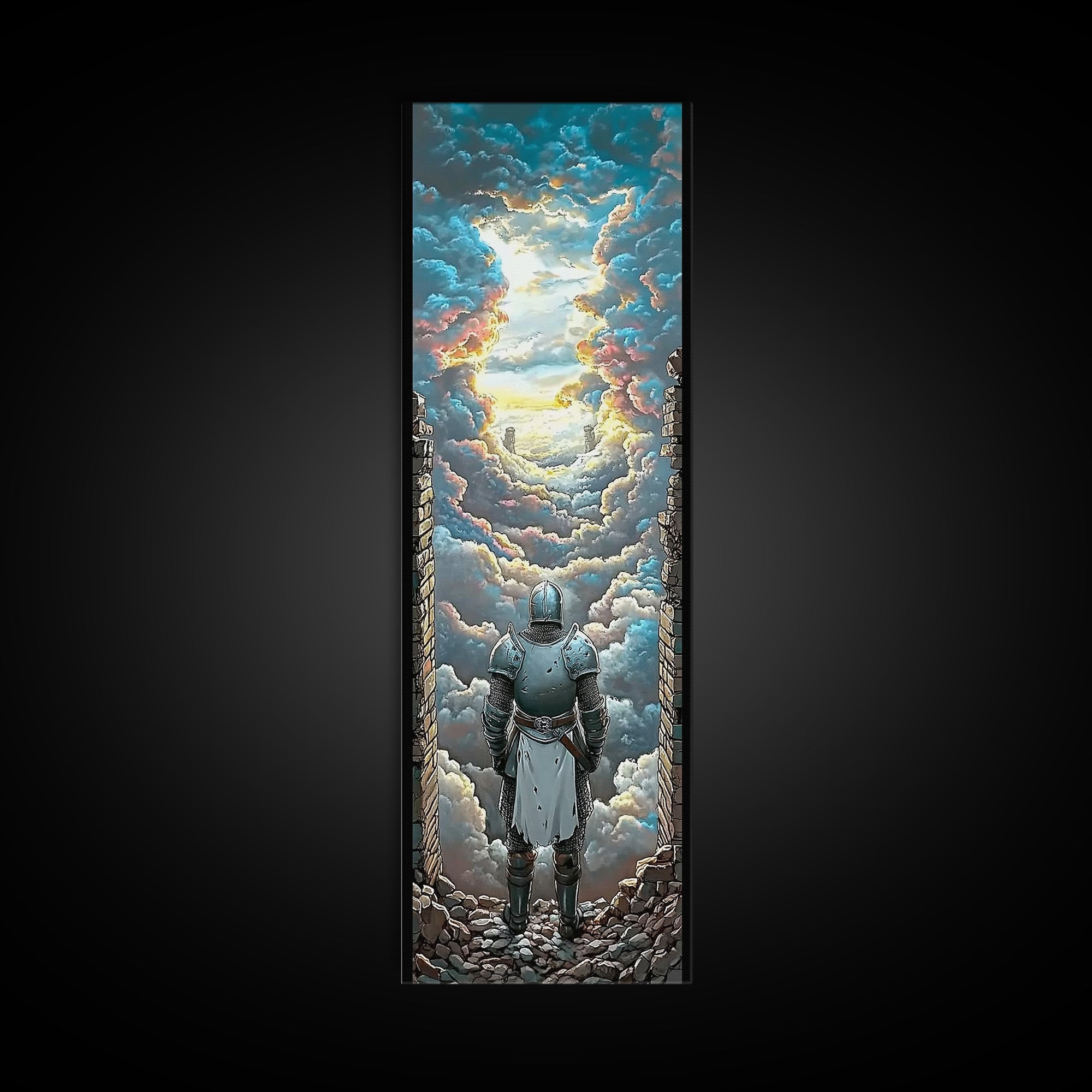 Armored Knight Before Radiant Cloud Portal Wall Art, Fantasy Castle Decor, Medieval Artwork, Inspirational Home Decor Gift