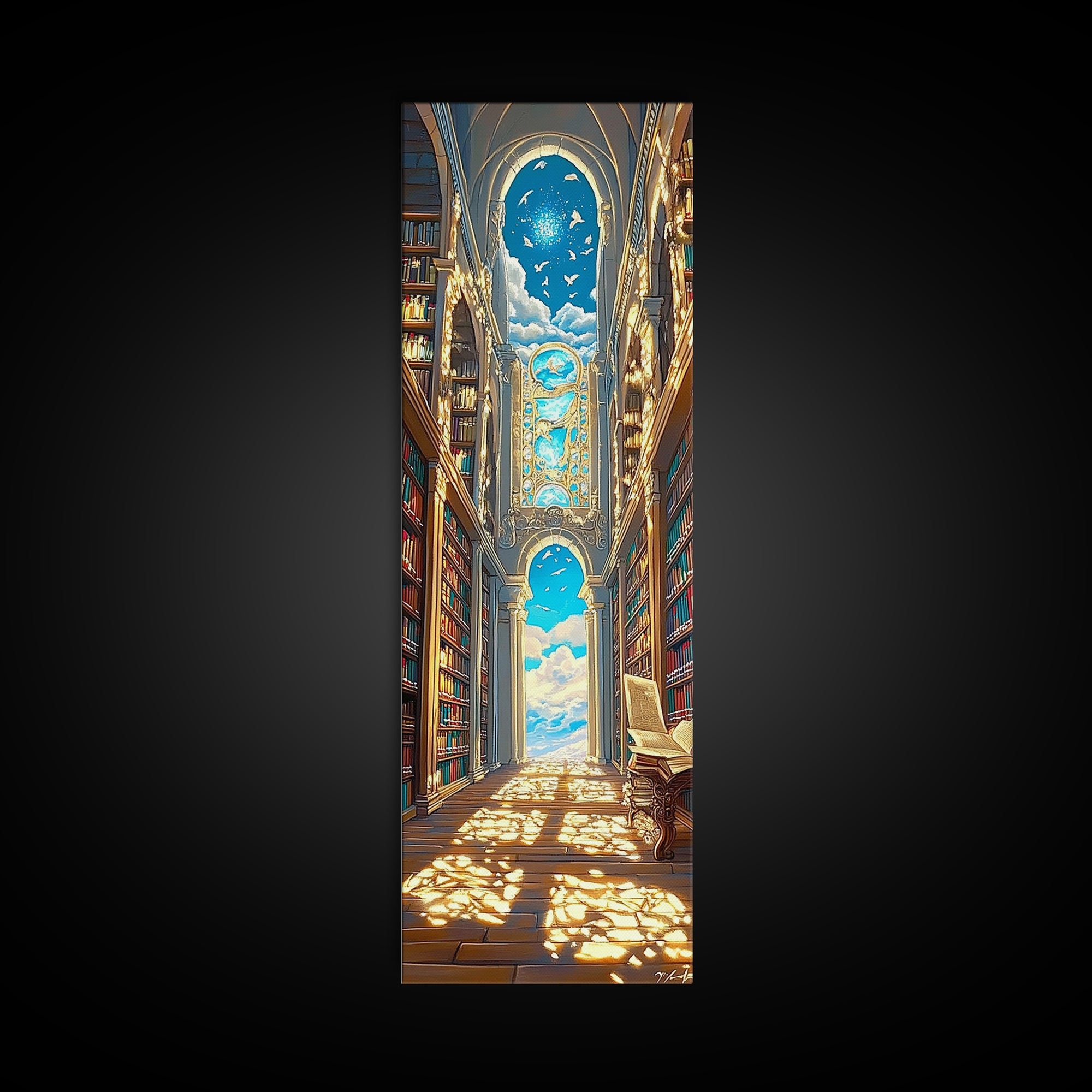 Grand Sunlit Library Hall With Celestial Blue Ceiling Framed Canvas Print, Bookish Wall Decor, Dark Academia Home Gift Decor