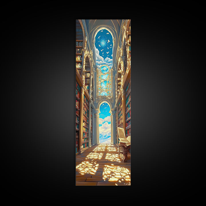 Grand Sunlit Library Hall With Celestial Blue Ceiling Framed Canvas Print, Bookish Wall Decor, Dark Academia Home Gift Decor