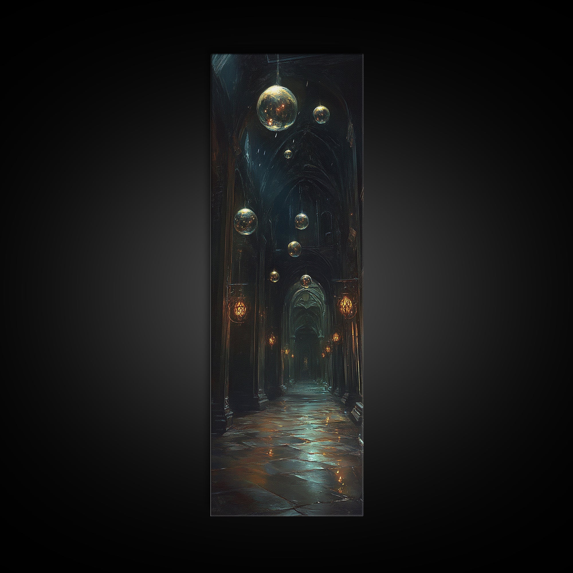 Dark Gothic Hall With Floating Celestial Orbs Canvas Print, Moody Wall Decor, Dark Academia Art, Fantasy Home Gift Office Decor
