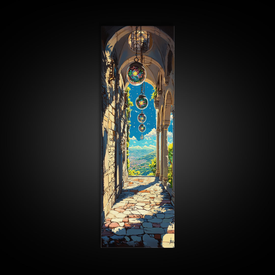 Sunlit Stone Archway With Floating Orbs, Mountain Valley Wall Art, Fantasy Landscape Canvas, Mediterranean Home Decor Print