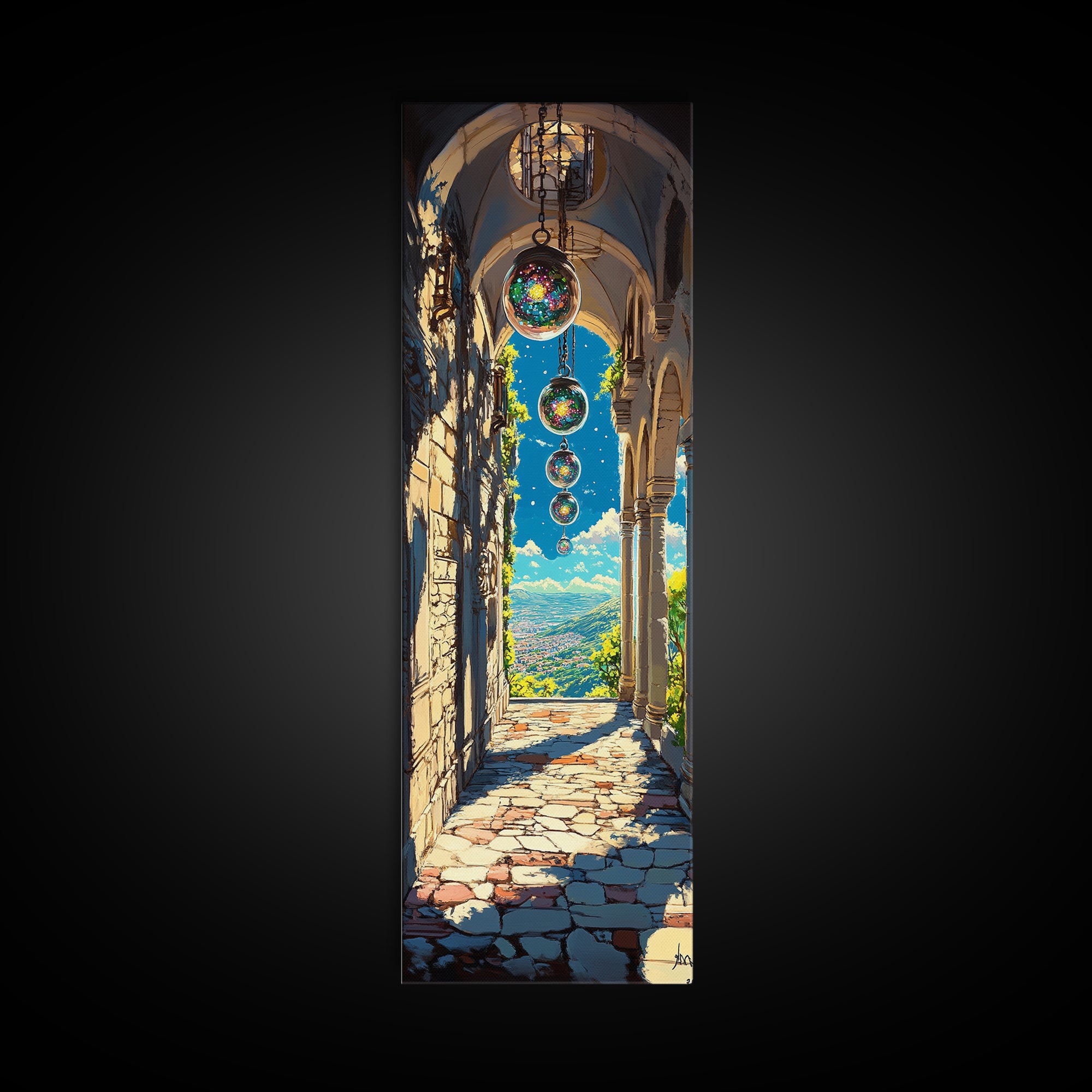 Sunlit Stone Archway With Floating Orbs, Mountain Valley Wall Art, Fantasy Landscape Canvas, Mediterranean Home Decor Print