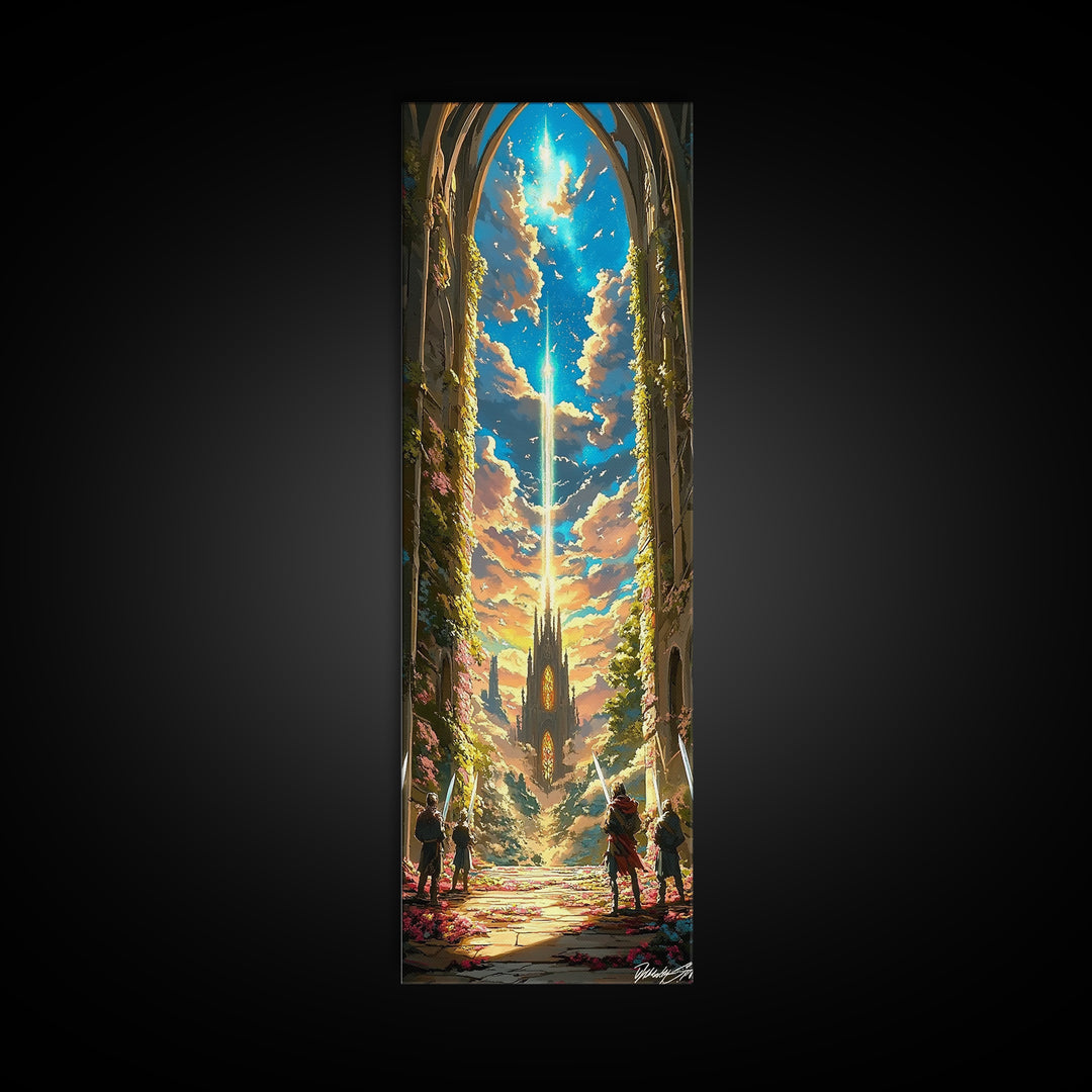 Celestial Cathedral Portal With Radiant Sky Beam Canvas Print, Fantasy Castle Wall Art, Magical Landscape Home Decor Gift For Her