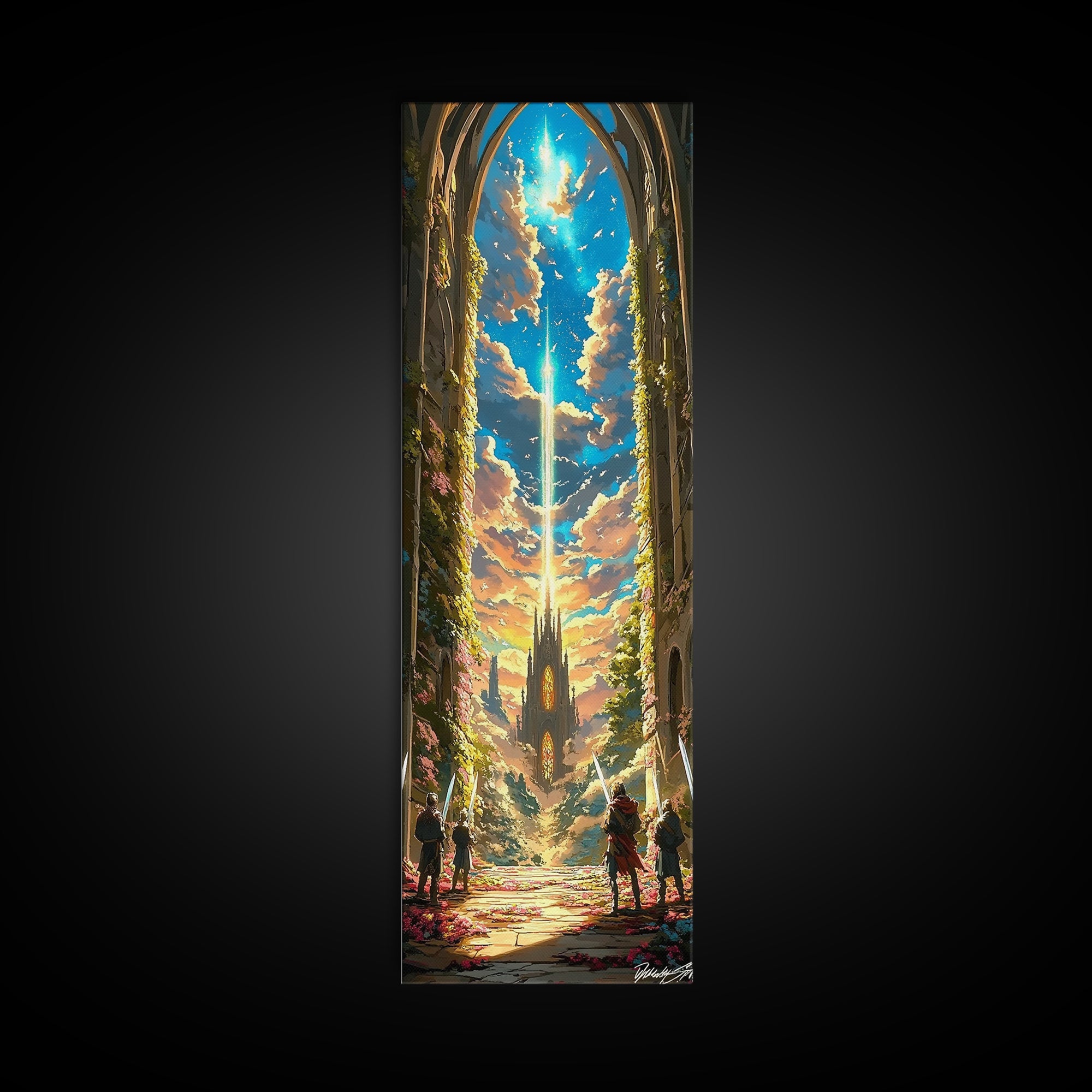Celestial Cathedral Portal With Radiant Sky Beam Canvas Print, Fantasy Castle Wall Art, Magical Landscape Home Decor Gift For Her