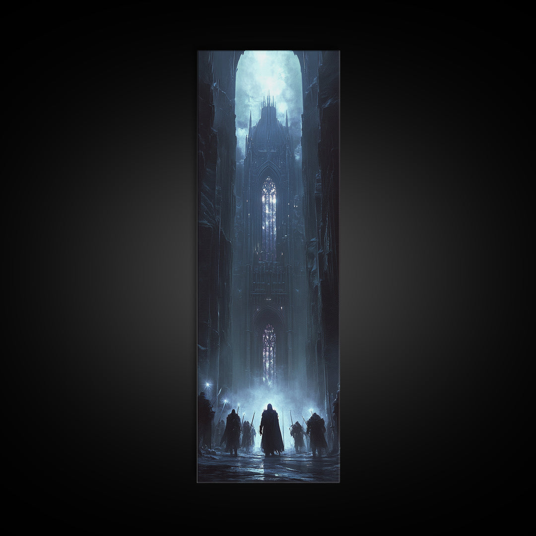 Moonlit Gothic Cathedral In Blue Mist Wall Art, Dark Fantasy Castle Canvas, Moody Medieval Decor, Dramatic Fine Art Print